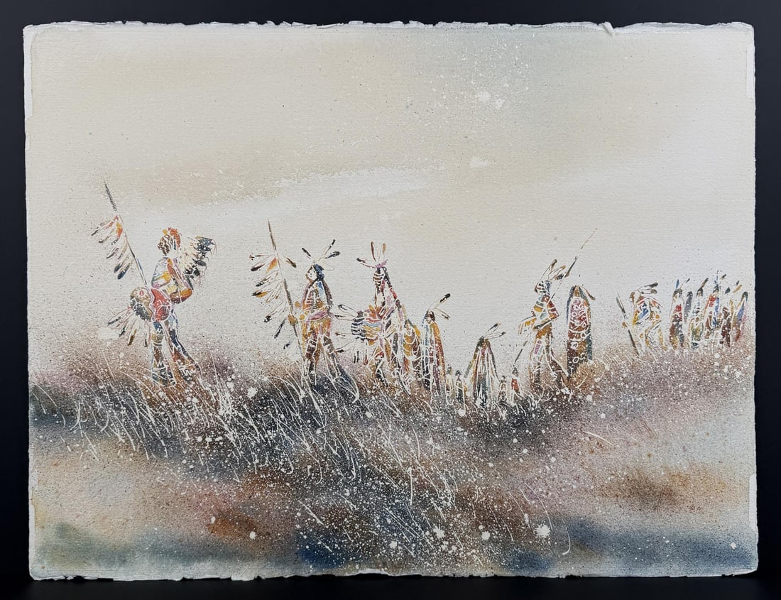 King Kuka The Journey Blackfoot Indian Painting: Title is The Journey. 23" by 30" unframed. Watercolor on paper. King Kuka (1946 - 2004) was active/lived in Montana. King Kuka is known for Modernist figure. Born in Browning, Montana, he grew up on t