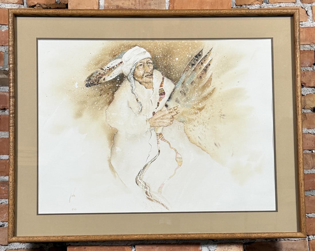 King Kuka Eagle Fan Blackfoot Indian Painting: Title is Eagle Fan. 22" by 30" unframed, 29" by 36" framed. Watercolor on paper. King Kuka (1946 - 2004) was active/lived in Montana. King Kuka is known for Modernist figure. Born in Browning, Montana