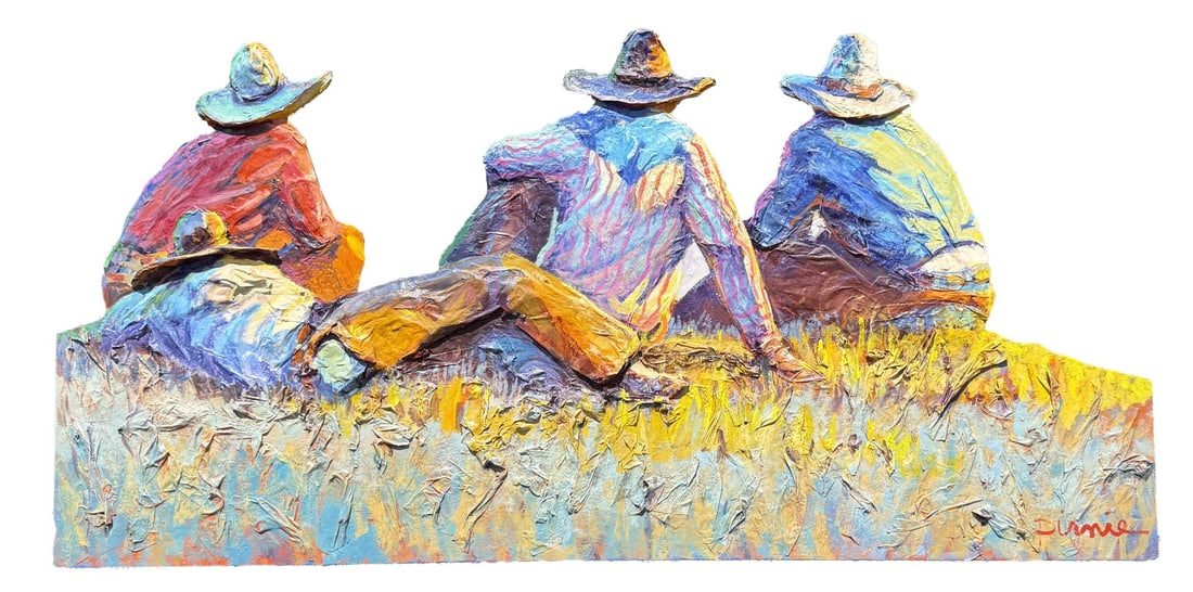 Monumental Larry Pirnie Hill Toppers Painting: Title is Hill Toppers. 47 1/2" by 96 1/2". Acrylic and mixed media relief on panel. One of the finest examples of this artist's work ever offered for public sale. Provenance: Kneeland Gallery. Larry P
