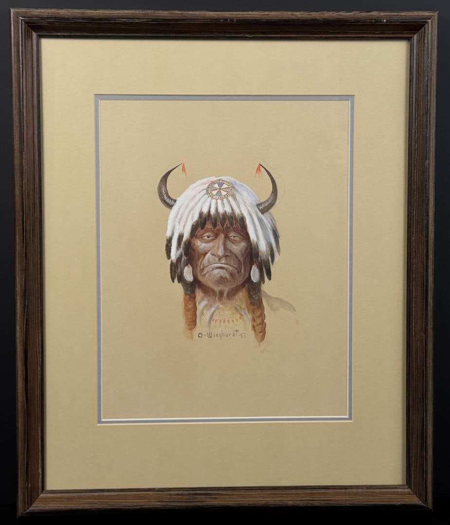 Olaf Wieghorst Buffalo Headdress Painting: Title is Buffalo Headdress. 11" by 14" unframed. 18" by 21" framed. Gouache on board. Olaf Carl Wieghorst (1899 - 1988) was active/lived in California / Denmark. Olaf Wieghorst is known for Western-In