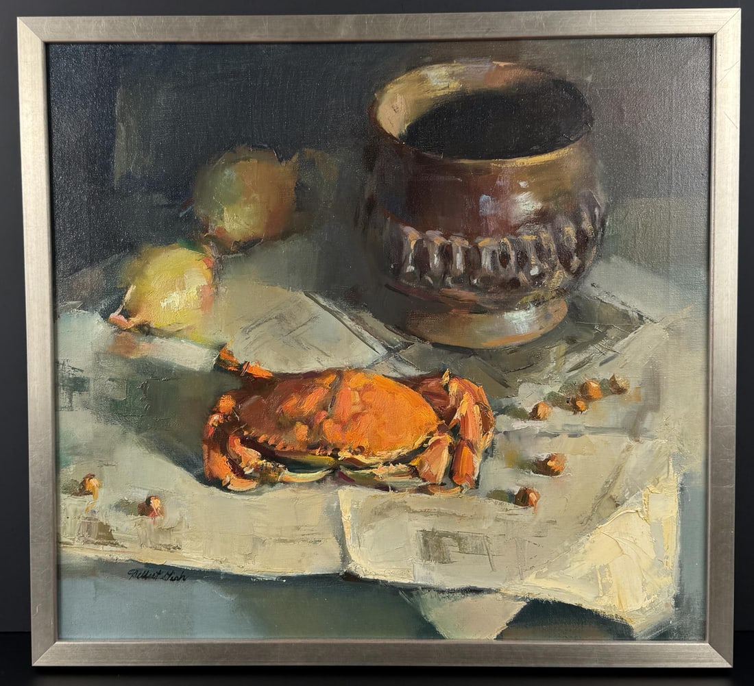 Delbert Gish Crab Painting: Title is Crab Still Life. 22" by 24" unframed. 23" by 25" framed. Oil on Canvas. Delbert Gish (Born 1936) is active/lives in Washington, Oklahoma. Delbert Gish is known for Still life, portrait, lands