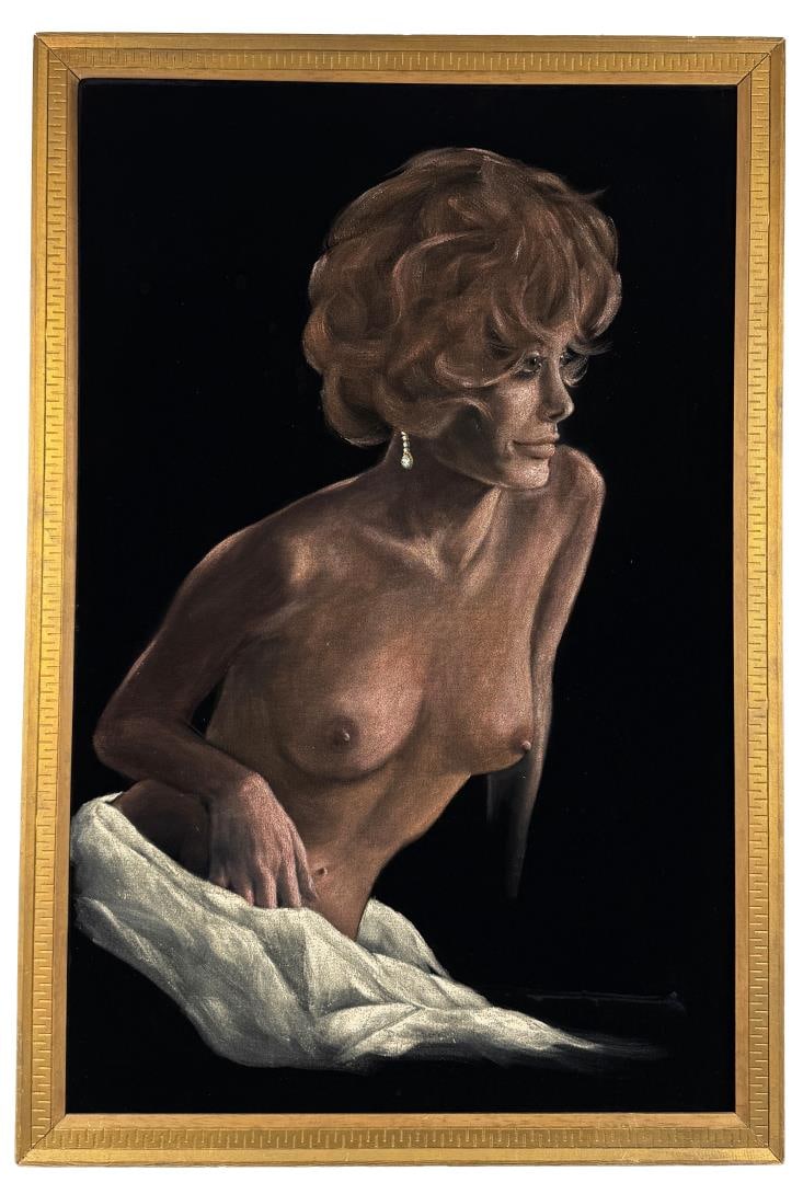Mid Century Nude Painting on Velvet: Signed David Poore 12/75 on the back. 22" by 34" unframed. 23 1/2" by 35 1/2" framed.