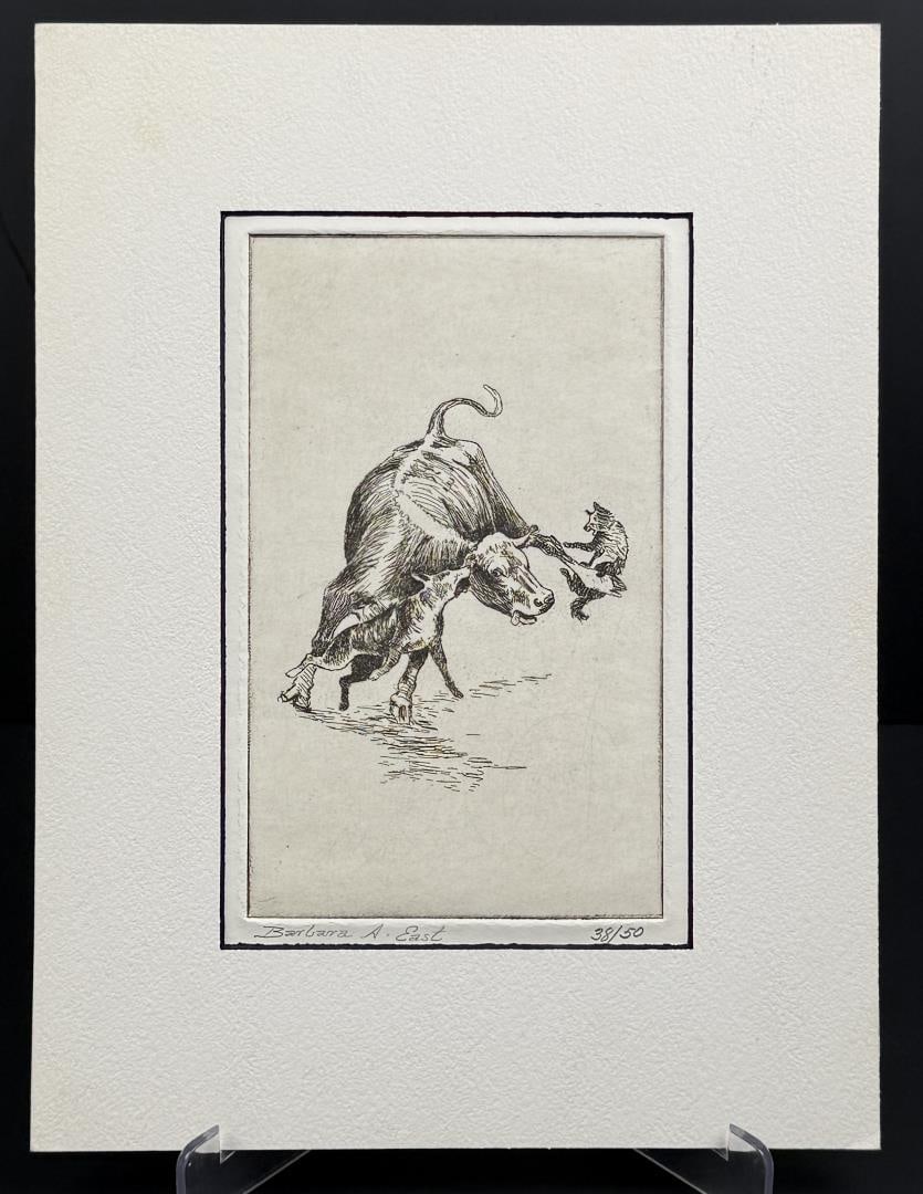 Barbara East Wolves and Cow Engraving: 9" by 12" in matte. Barbara East (Born 1950) was active/lived in Colorado. Barbara East is known for Miniature western scene painting, Americana, landscape scene murals. Examine a painting and it will