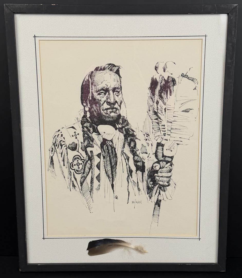 Newman Myrah Eagle Fan Print: Title is Eagle Fan. 12" by 16" unframed. 17" by 21" framed. Newman Myrah (1921 - 2010) was active/lived in Oregon, Saskatchewan. Newman Myrah is known for Horses, western genre, illustrator. Known for