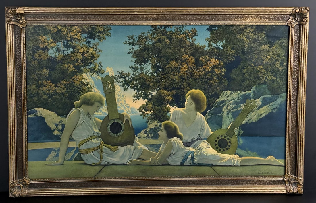 The Lute Players Maxfield Parrish Print: 1924. 21 1/2" by 33 1/2" framed.