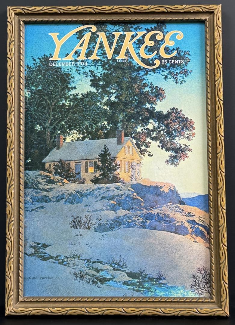Evening Early Snow Maxfield Parrish Print: Yankee December 1979 Cover Illustration. 7" by 9 3/4" framed.