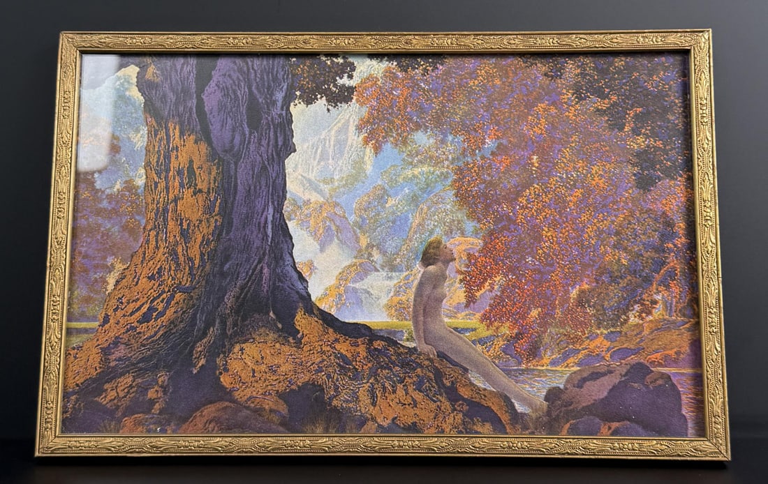 Dreaming Maxfield Parrish Print: 7 1/2" by 11 3/4" framed.