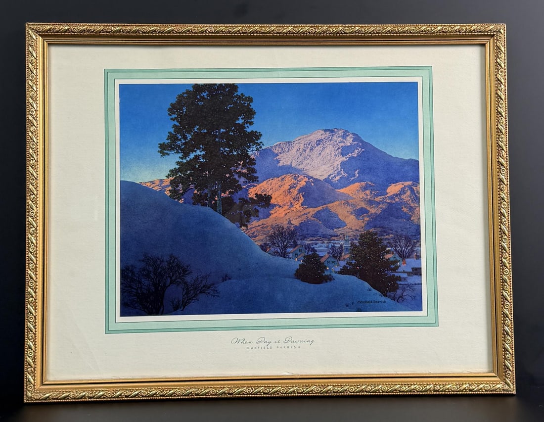 When Day is Dawning Maxfield Parrish Print: Tintogravure, Moody Engineering. 13 1/4" by 17 1/4" framed.