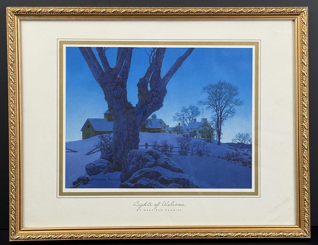 Lights of Welcome Maxfield Parrish Print: Tintogravure, Moody Engineering. 13 1/4" by 17 1/2" framed.