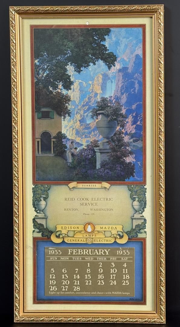1933 Washington Calendar Maxfield Parrish Print: Sunrise. Edison Mazda Lamps. Reid Cook Electric Service, Renton Washington. 1933 Calendar pad. Tile 9 7/8" by 20 1/4" framed.