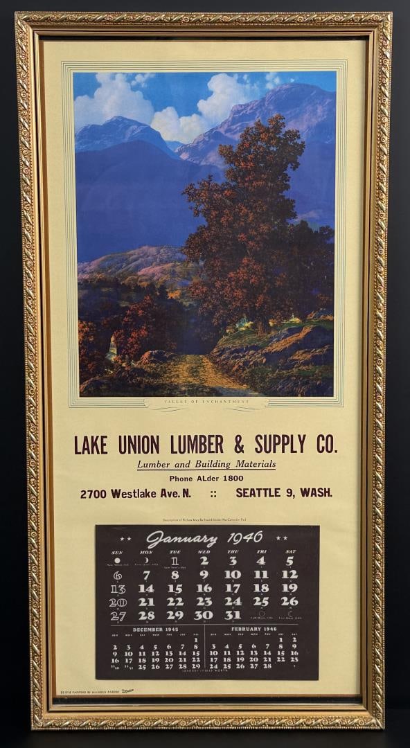 Valley of Enchantment Maxfield Parrish Calendar: 1946. Lake Union Lumber & Supply Co. Seattle Washington. 12 1/4" by 24 1/4" framed.