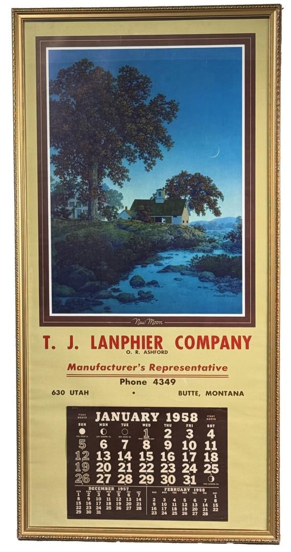New Moon Maxfield Parrish Montana Calendar: T.J. Lanphier Company Butte Montana. 1958. 24" by 48" framed.