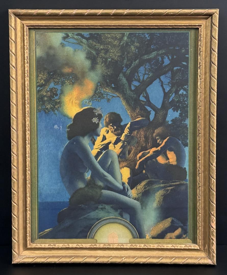 Primitive Man Maxfield Parrish Print: Edison Mazda. 8 1/2" by 10 1/2" framed.