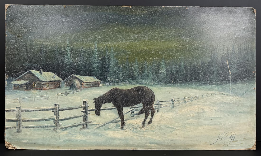Harry Leonard Lopp Glacier Park Montana Painting: Title is Winter Squall. 17 1/4" by 30" unframed. Oil on Board. Harry Leonard Lopp (1888 - 1974) was active/lived in Montana, South Dakota, Oregon / Canada. Harry Lopp is known for National park