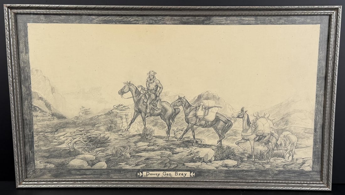 Calvin Boy Montana Blackfoot Indian Drawing: Title is Dewey George Brey. 15" by 26" framed. Pencil on Paper. Calvin Boy was a Piegan (Blackfeet) artist and illustrator from Montana best known for his foundational work on Plains Indian history.