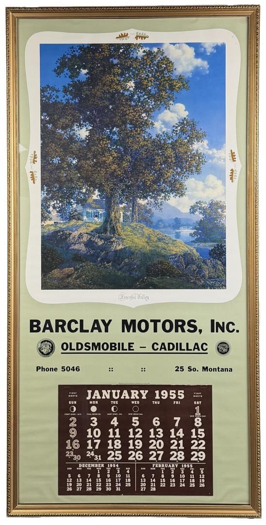 Peaceful Valley Maxfield Parrish Calendar Montana: Barclay Motors Inc, Butte Montana. 1955. 24" by 48" framed.