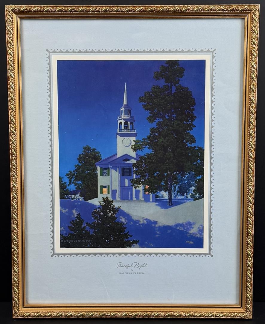 Peaceful Night Maxfield Parrish Print: Moody Engineering. 13 1/2" by 17 1/4" framed.