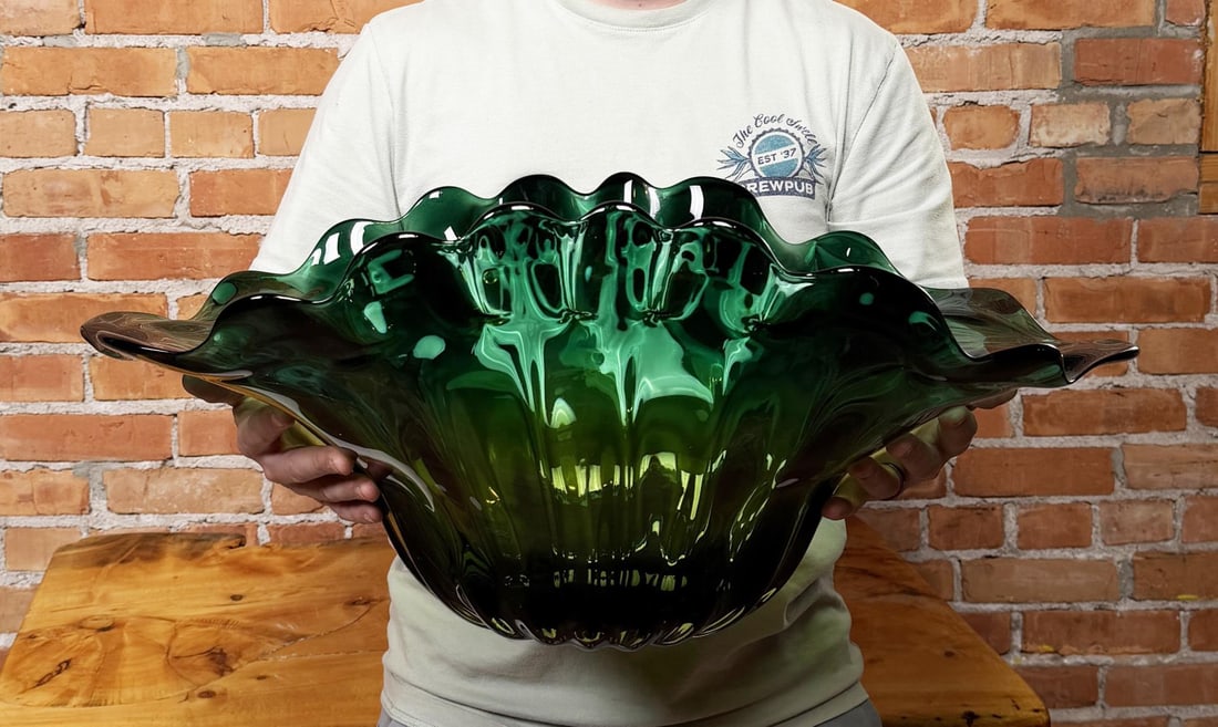 Large Murano Glass Ruffled Console Bowl: 26" by 15 3/8" by 11"