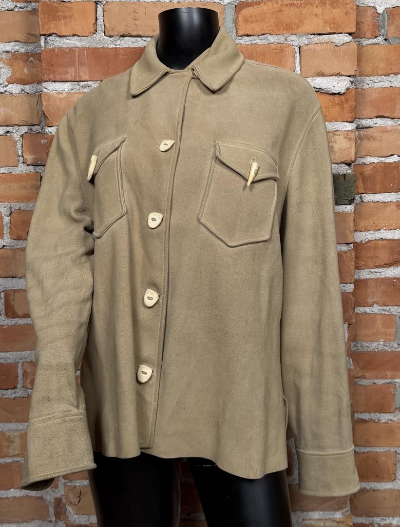 Vintage Suede Leather Horn Button Shirt: 20" armpit to armpit, 25" long.