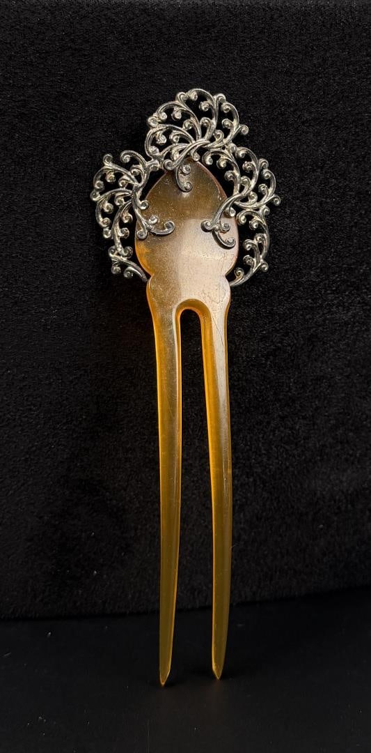 Victorian Sterling Silver Celluloid Hair Comb (1 of 3)