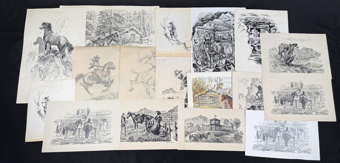 Collection of Antique Cowboy Prints Drawings: Nice grouping. Largest is 14 3/4" by 20 1/8"