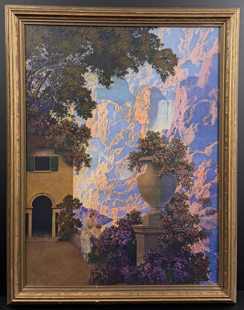 Sunrise Maxfield Parrish Print: 19" by 24 1/2" framed.