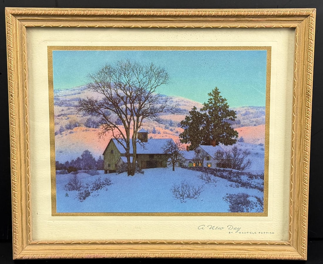 A New Day Maxfield Parrish Print: 6 3/4" by 8" framed.
