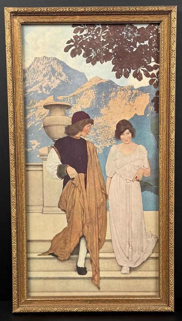 A Florentine Fete Maxfield Parrish Print: Curtis Publishing Company. 8 1/4" by 15 1/4" framed.