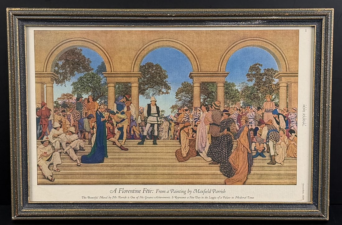 A Florentine Fete Maxfield Parrish Print: 11 5/8" by 17 1/2" framed.