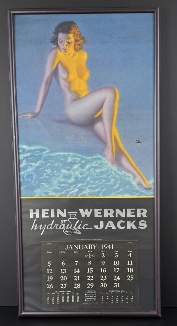 1941 Earl Moran Hein Werner Nude Calendar: Eve n Tide. Hein Werner Hydraulic Jacks. 16" by 34" framed.