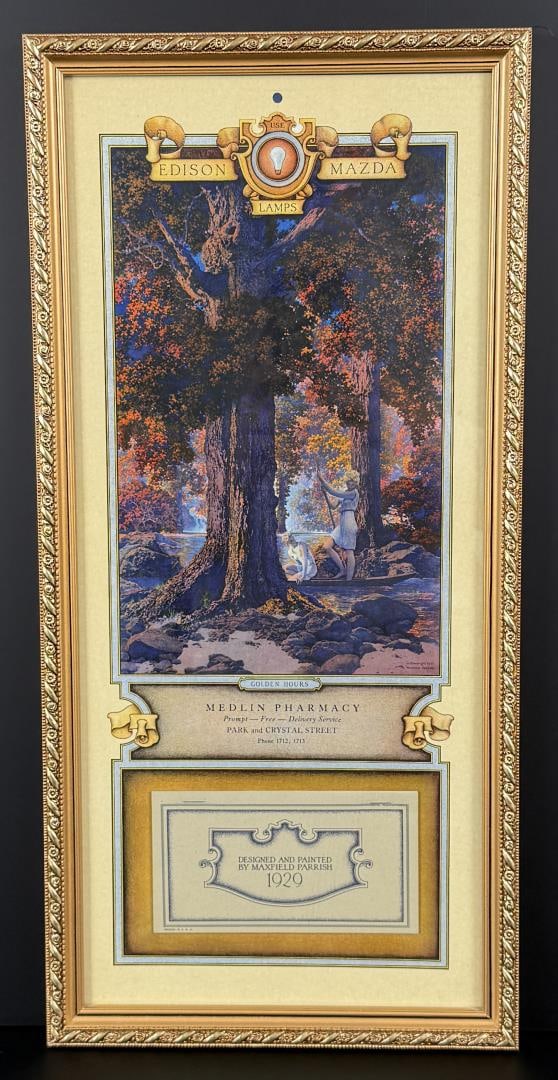 Golden Hour Edison Mazda Maxfield Parrish Calendar: Medlin Pharmacy Butte Montana. 1929. 9 3/4" by 20 1/2" framed.