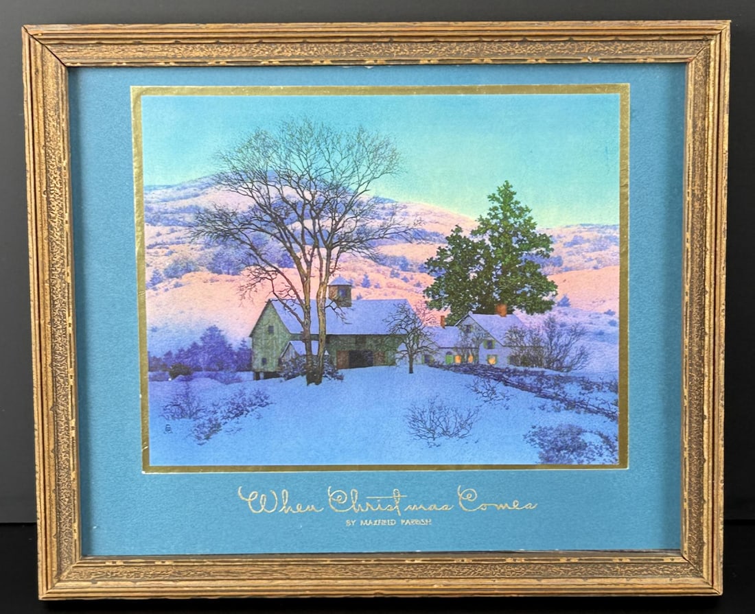 When Christmas Comes Maxfield Parrish Print: 6 3/4" by 8" framed.