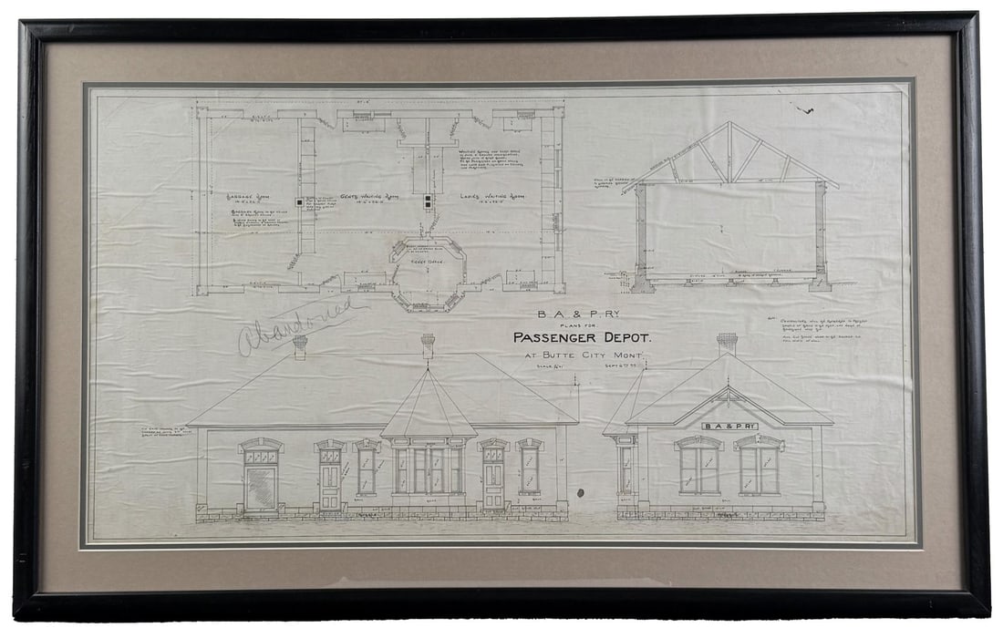 Butte Anaconda Pacific Railway Montana Blueprint: Original Engineering Drawing for the Butte Anaconda and Pacific Railroad Passenger Depot Building. Located at Butte City Montana Territory. 23" by 37" framed.