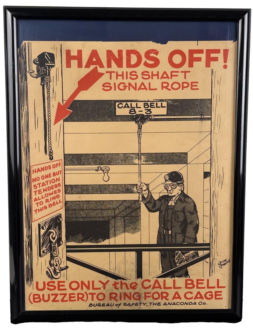 Butte Montana Mine Mining Safety Poster: Hands Off this Shaft Signal Rope. 19" by 25" framed.