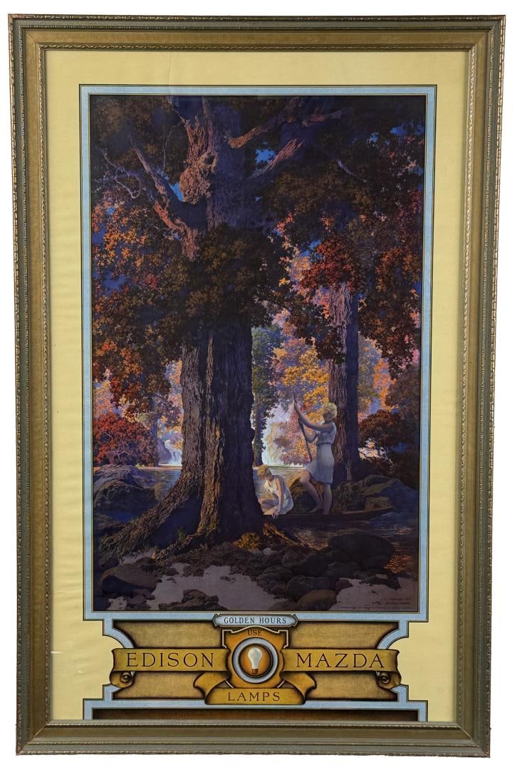Golden Hour Edison Mazda Maxfield Parrish Calendar: Missing bottom portion. 21" by 32" framed.