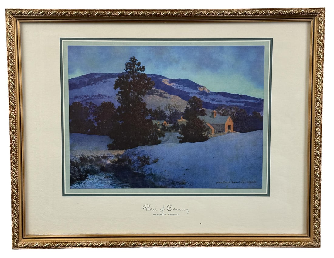 Peace of Evening Maxfield Parrish Print: Moody Engineering Company. 13 1/4" by 17 1/4" framed.