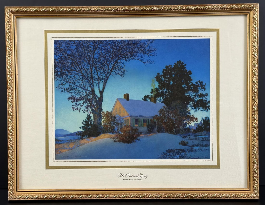 At Close of Day Maxfield Parrish Print: Moody Engineering Company. 13 1/4" by 17 1/4" framed.