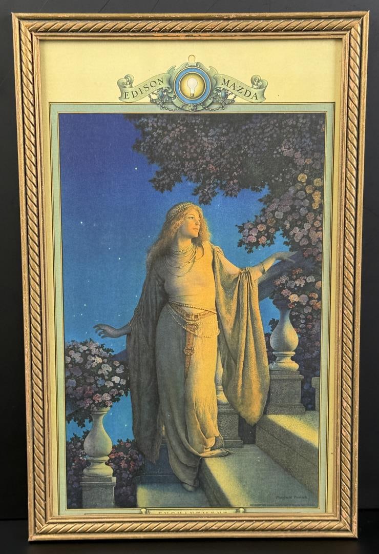 Enchantment Edison Mazda Maxfield Parrish Print: Calendar Top. 8 1/2" by 13" framed.