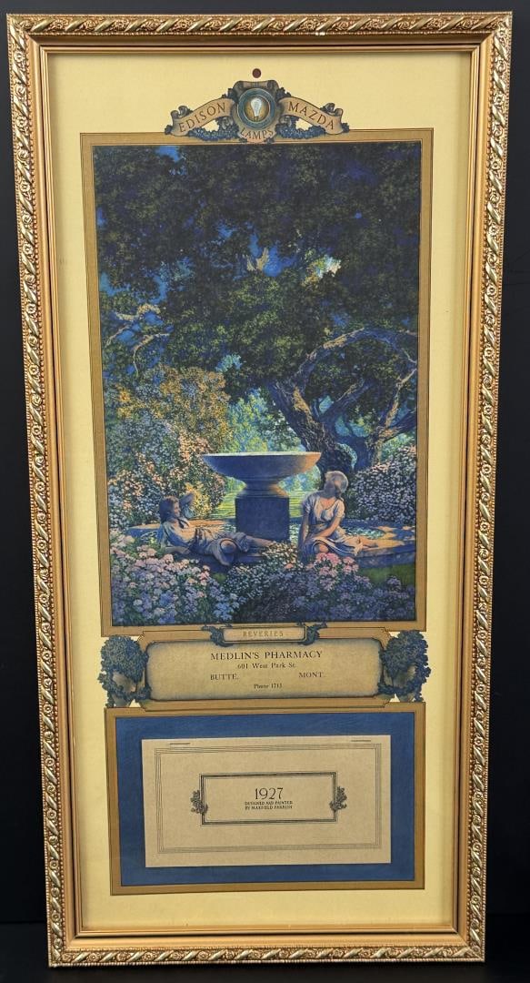 Reveries Edison Mazda Maxfield Parrish Calendar: Medlin's Pharmacy Butte Montana. 1927. Edison Mazda Lamps. 9 3/4" by 20 1/4" framed.