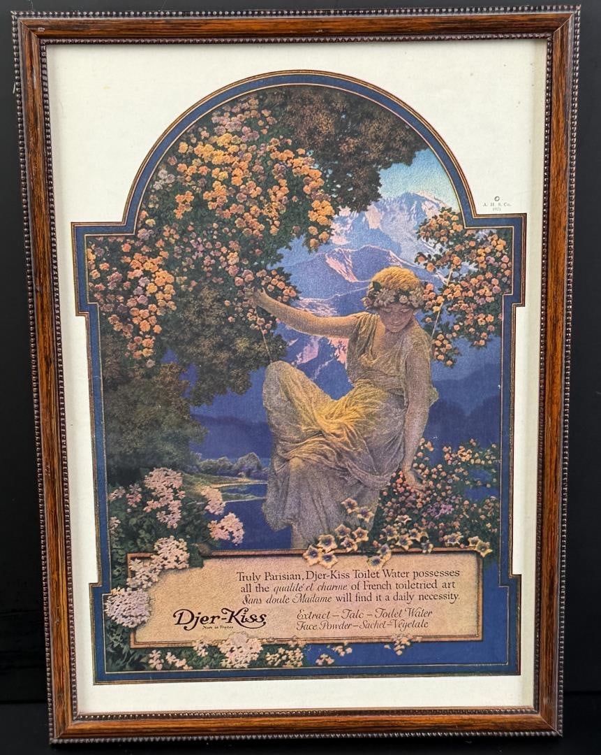Djer Kiss Maxfield Parrish Print: 8 3/4" by 12" framed.
