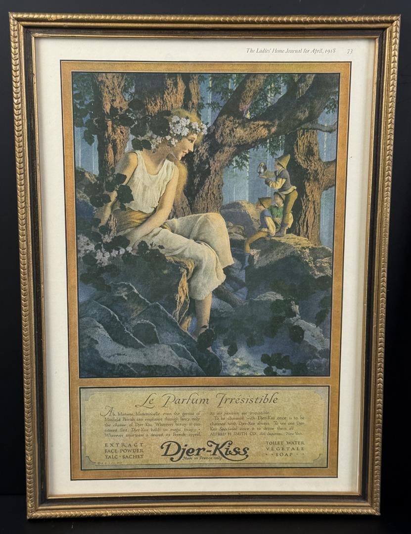 Djer Kiss Maxfield Parrish Print: 12 3/8" by 17" framed.
