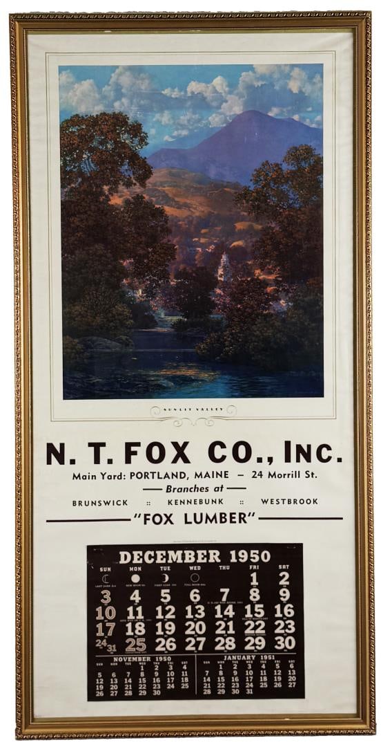 Sunlit Valley Maxfield Parrish Calendar: N.T. Fox Portland Maine. 24" by 47 1/2" framed.