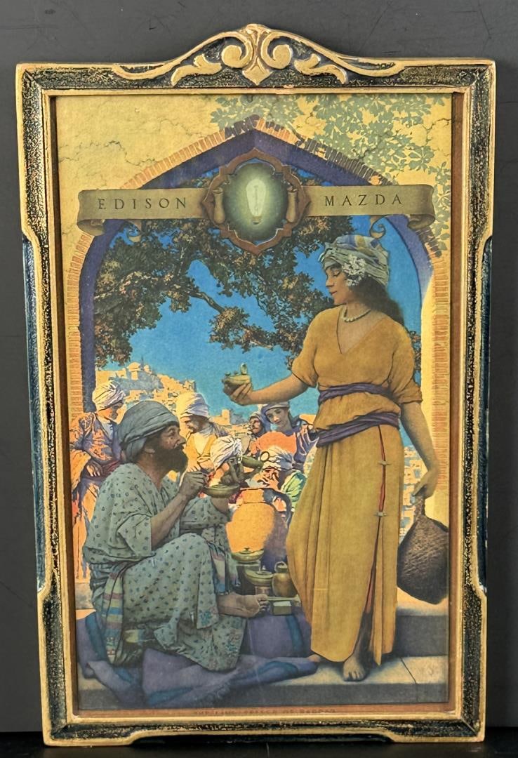 Lamp Seller Edison Mazda Maxfield Parrish Print: 7 7/8" by 12 1/2" framed.