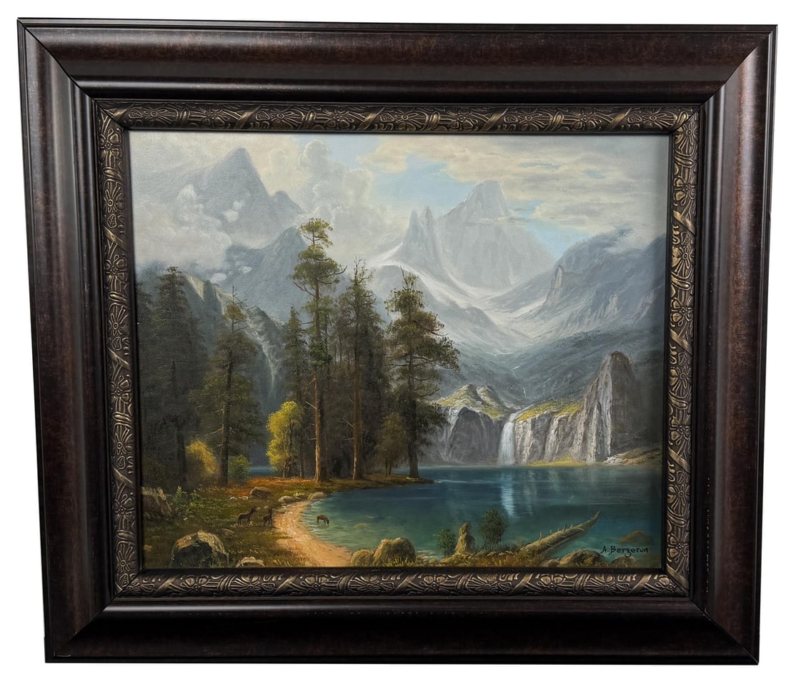 After Albert Bierstadt Sierra Nevadas Painting: Title is Sierra Nevada. Reproduction painted After Albert Bierstadt. 20" by 24" unframed, 29" by 33" framed. Oil on canvas.