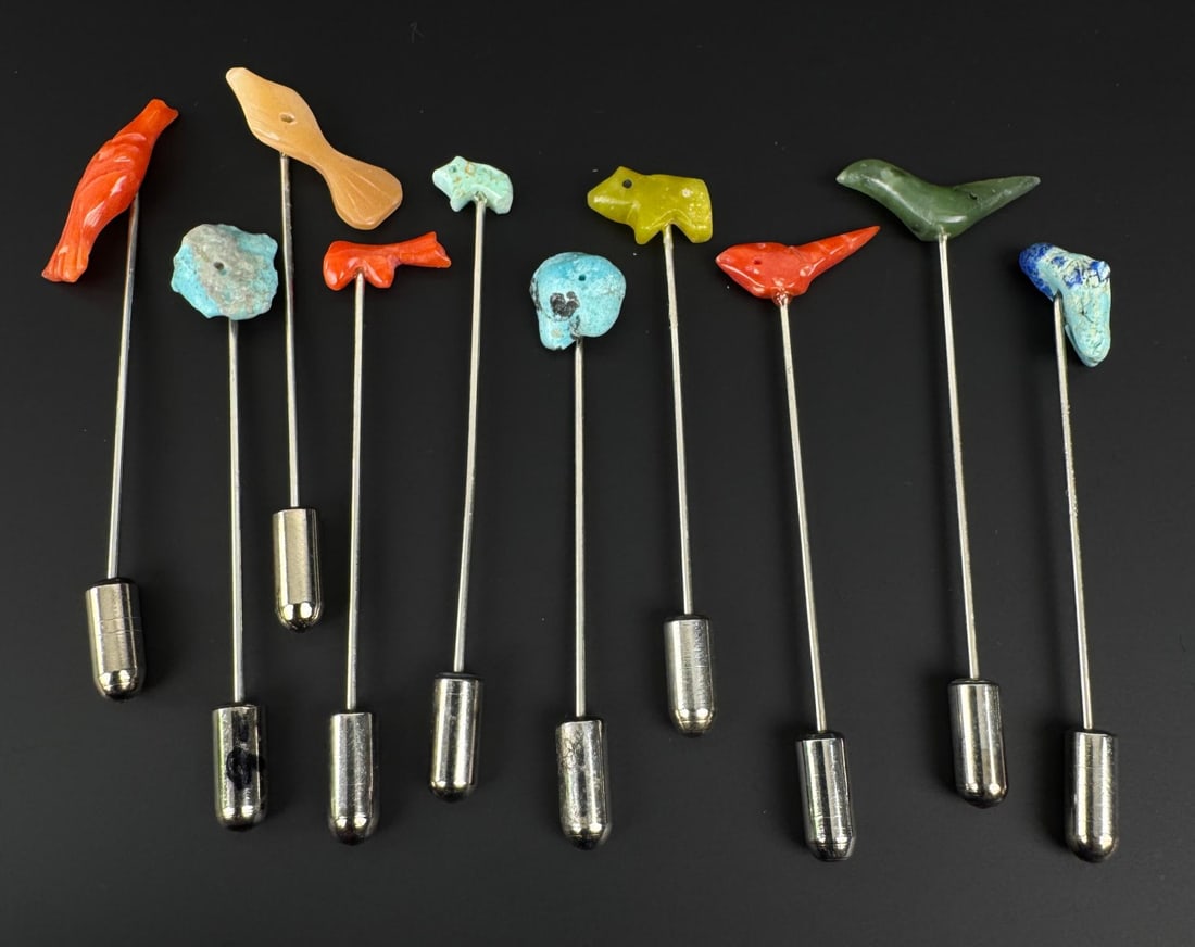 Zuni Animal Fetish Stick Pins: Coral, jade, turquoise.