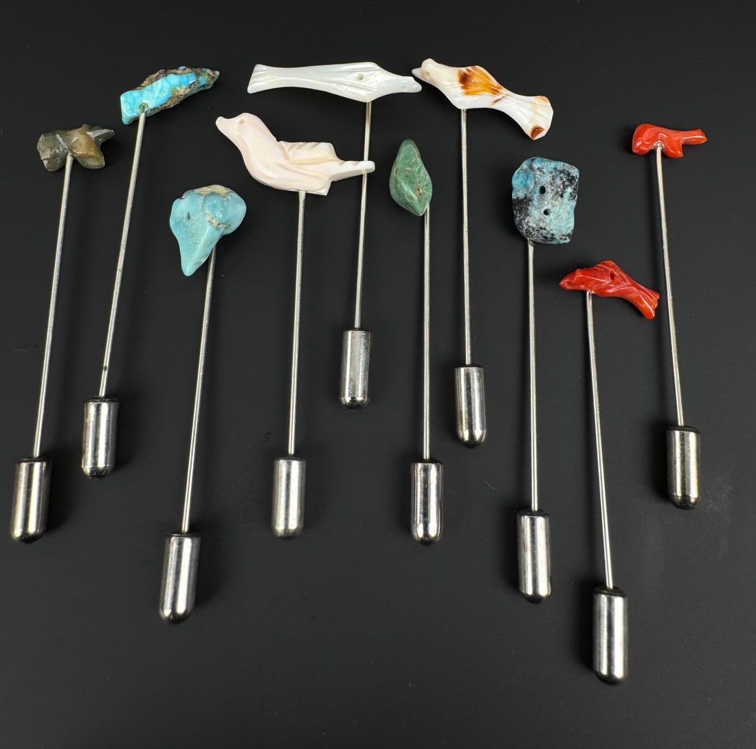 Zuni Animal Fetish Stick Pins: Turquoise, white onyx, coral.