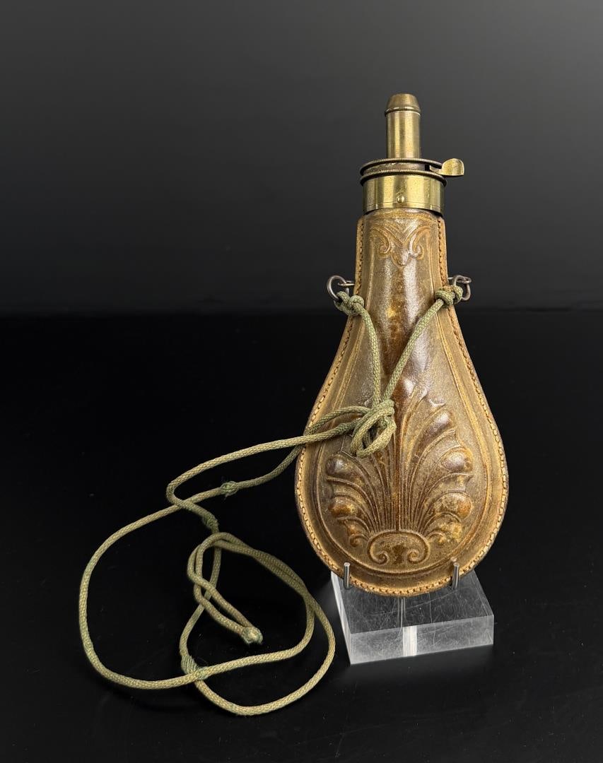 Leather Covered Shell Pattern Powder Flask - 3