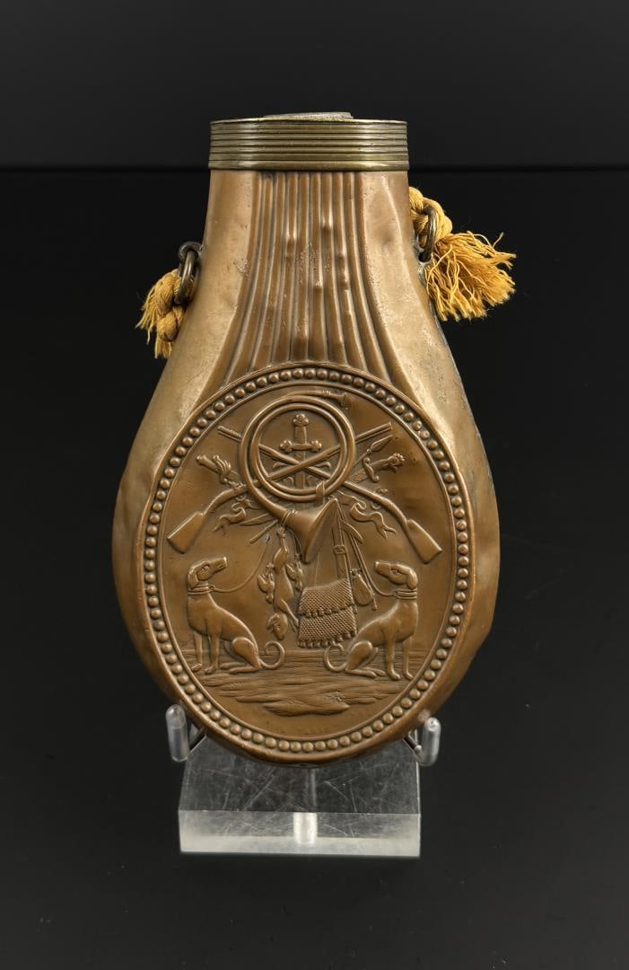 French Made Hunting Dog Brass Powder Flask: 6" long. No tip.