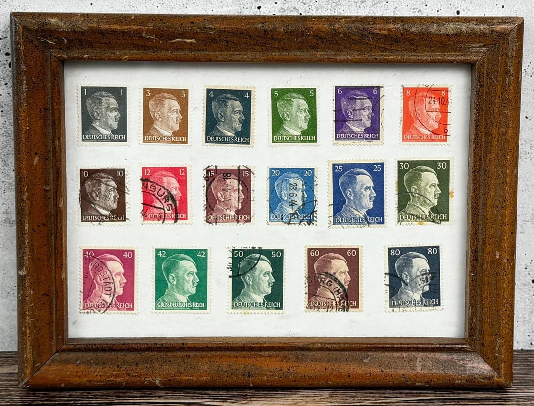 WW2 German Adolf Hitler Stamps: 6" by 8" framed.