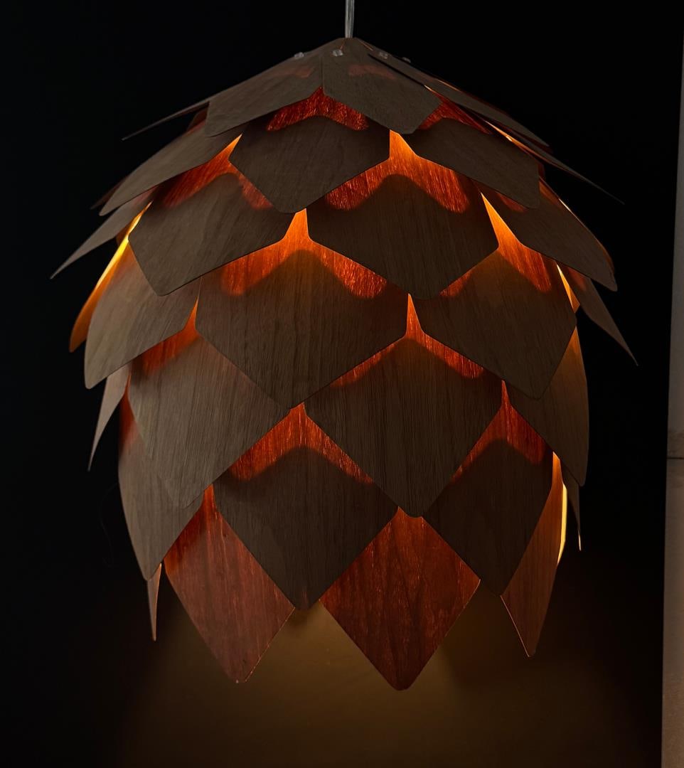 Custom Made Wood Pinecone Pendant Lamp: 19 1/2" by 18 1/4" by 18".